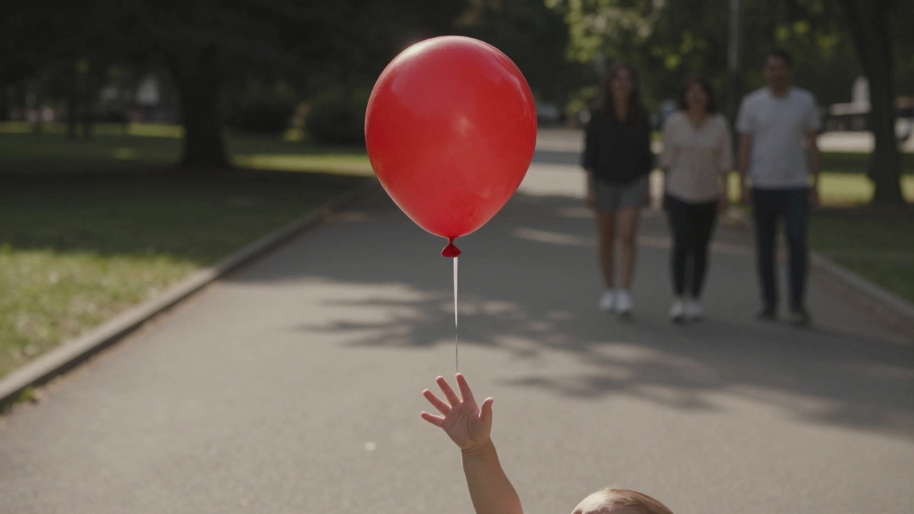 Baby’s hand reaching for a red balloon, silhouettes of caring adults in the distance on a quiet park path.