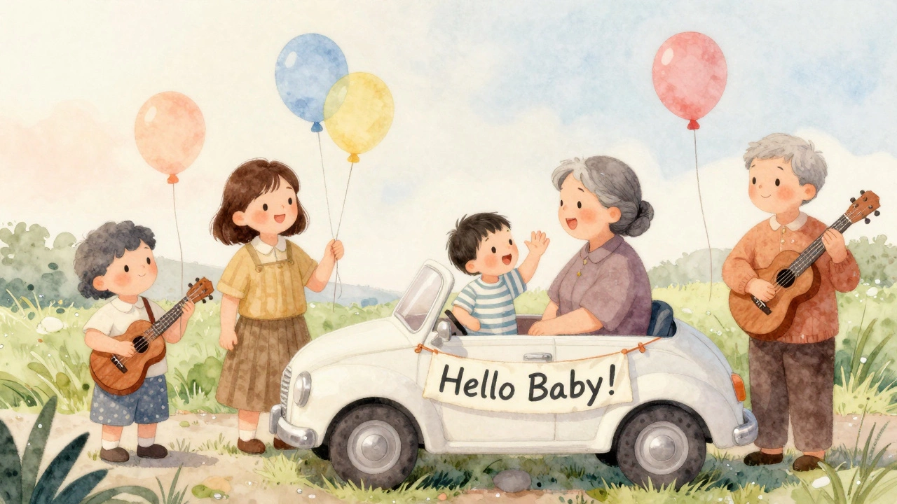 Grandmother waving from a vintage car as toddler giggles, surrounded by three friends with balloons and a ukulele.