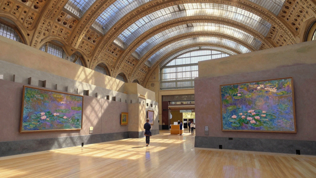 Interior of Musée d’Orsay with Impressionist paintings under glass ceilings and a quiet visitor reflecting on art.