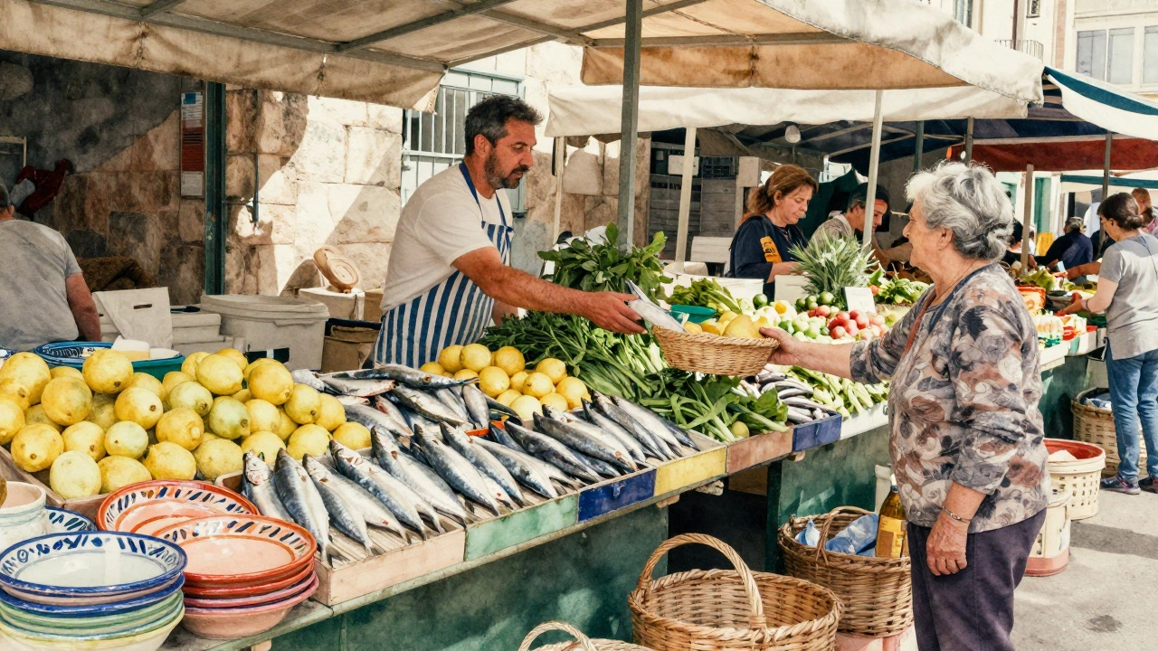 Vibrant Marseille market with fresh fish, lemons, and herbs under canvas awnings, a fishmonger serving a customer.